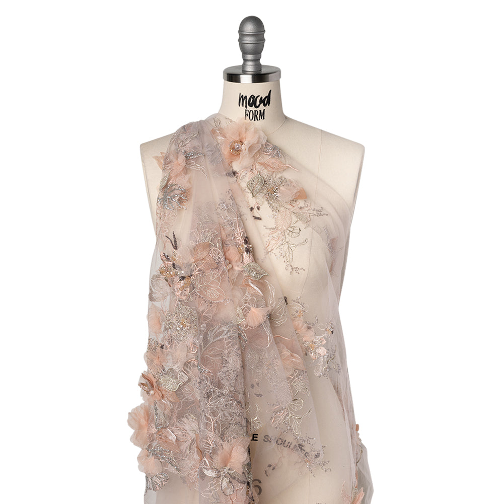 Embroidered and Beaded Tulle with 3D Fabric Flowers - Pale Pink, Peach and Gray Bold Blossoms Drape