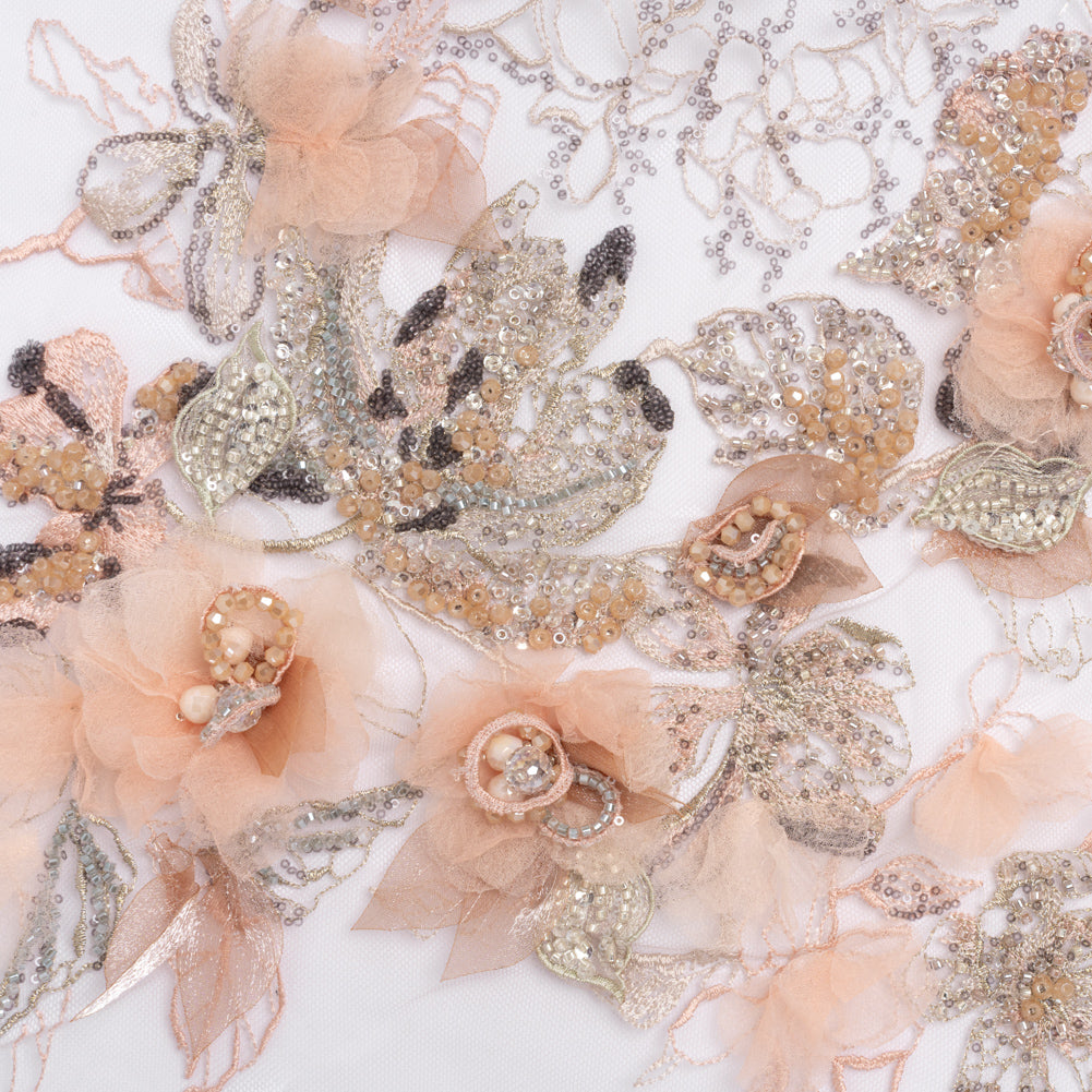 Embroidered and Beaded Tulle with 3D Fabric Flowers - Pale Pink, Peach and Gray Bold Blossoms