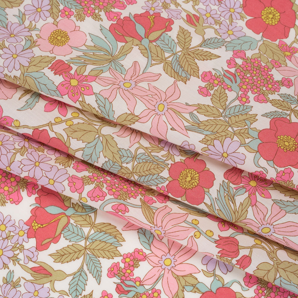 Liberty Fabrics Tana Lawn® - Clarabell Pink - Light Pink, Olive Green and Pale Purple Floral - Detail