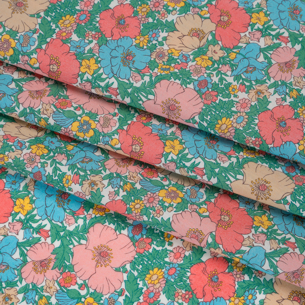 Liberty Fabrics Tana Lawn® - Meadow Song Green - Pink, Blue and Green Flower Field - Detail