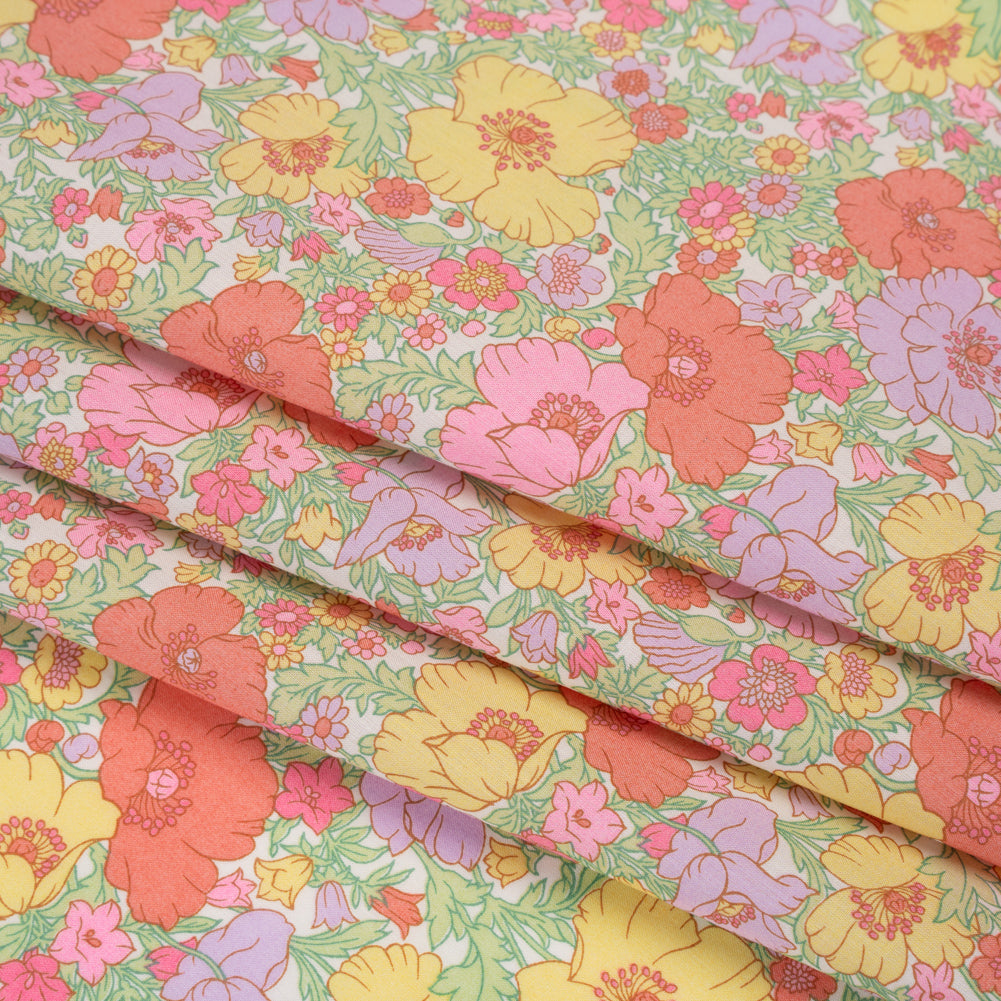 Liberty Fabrics Tana Lawn® - Meadow Song Pink, Yellow and Lime Green Flower Field - Detail