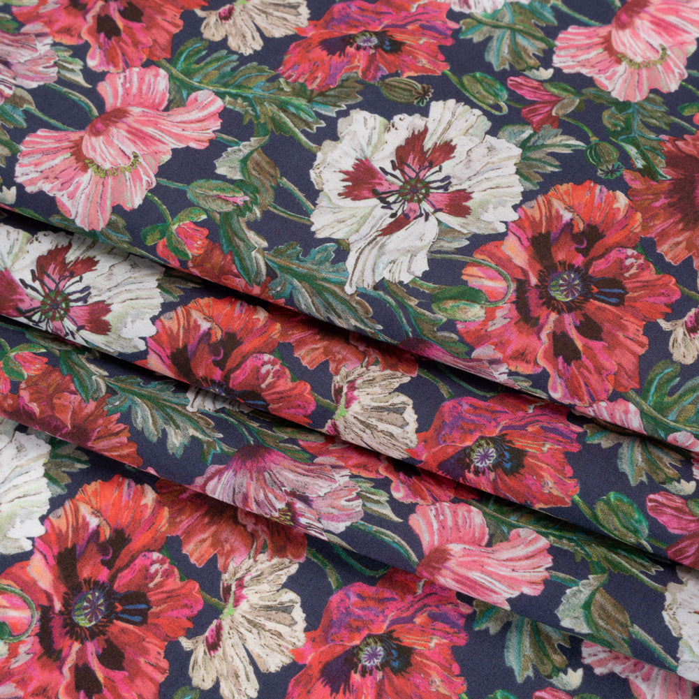Liberty Fabrics Tana Lawn® - Poppy Amelie Dark Blue - Red, Green and Navy Poppy Flower Field - Detail