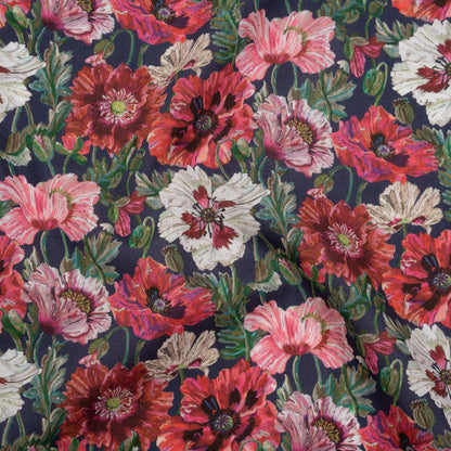 Liberty Fabrics Tana Lawn® - Poppy Amelie Dark Blue - Red, Green and Navy Poppy Flower Field