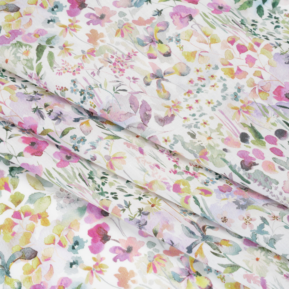 Liberty Fabrics Tana Lawn® - Felda Green - Pink, Yellow and Green Watercolor Flowers - Detail