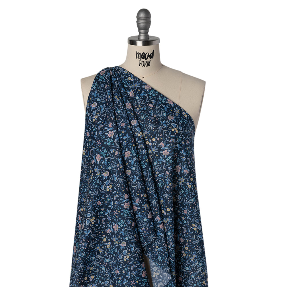 Liberty Fabrics Tana Lawn® - Tapestry Dark Blue - Navy, Sky Blue and Light Yellow Floral and Butterflies Folded
