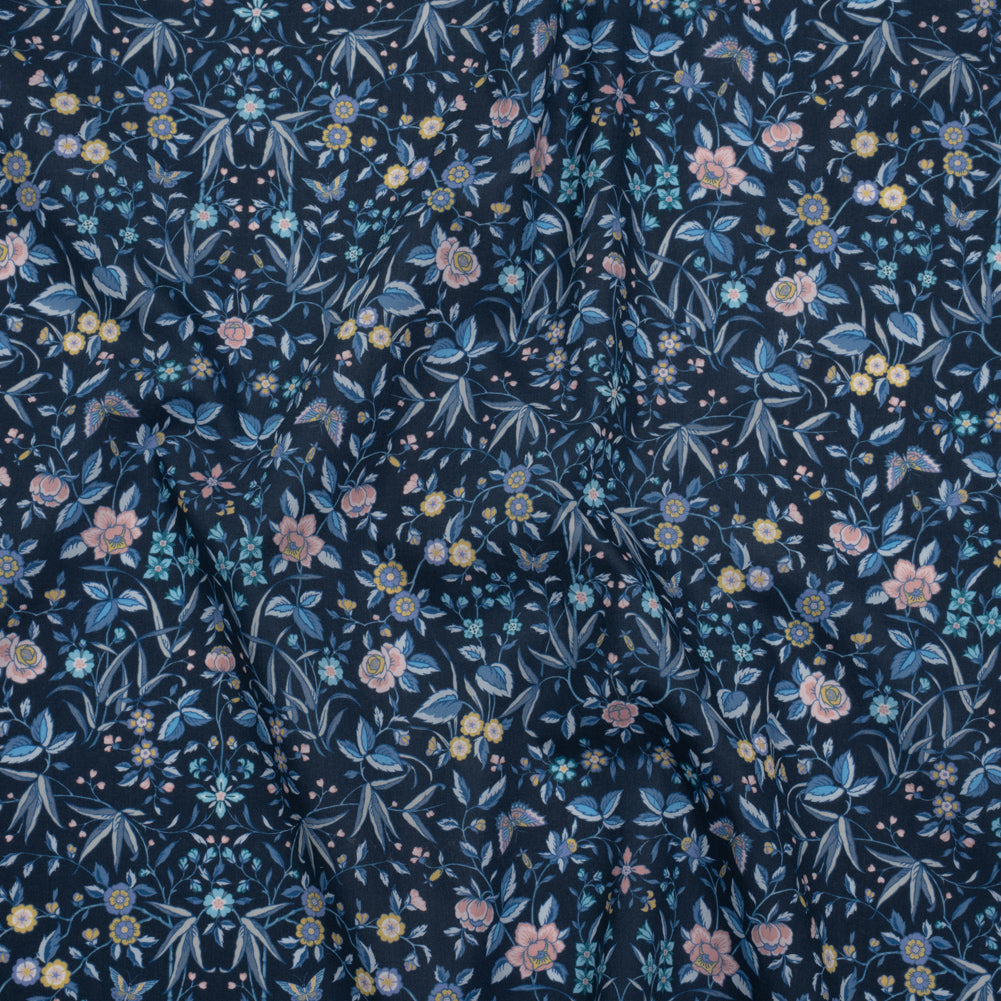 Liberty Fabrics Tana Lawn® - Tapestry Dark Blue - Navy, Sky Blue and Light Yellow Floral and Butterflies Drape