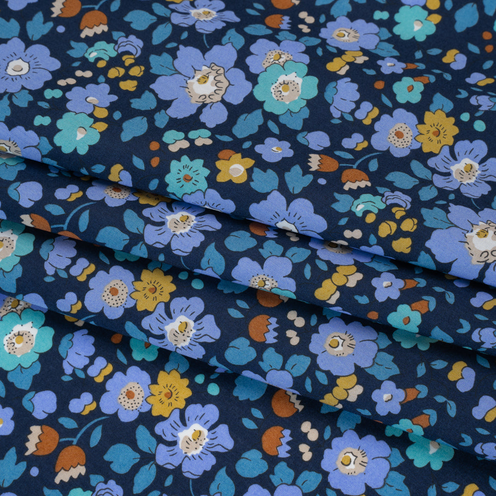 Liberty Fabrics Tana Lawn® - Betsy Meadow Dark Blue - Blue, Periwinkle and Yellow Illustrated Floral - Detail