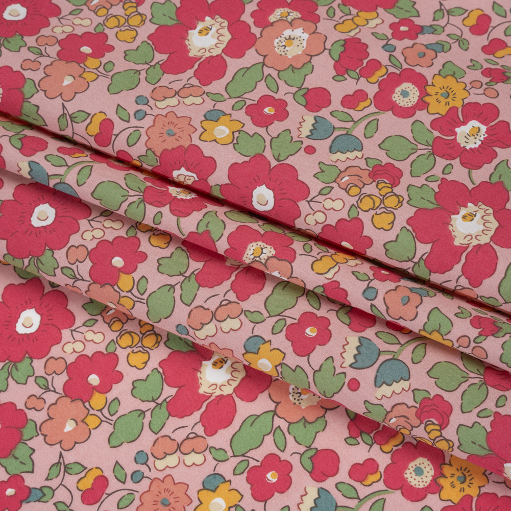Liberty Fabrics Tana Lawn® - Betsy Meadow Pink - Baby Pink, Bright Pink and Green Illustrated Floral - Detail