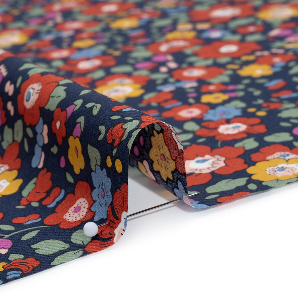 Liberty Fabrics Tana Lawn® - Betsy Meadow Multi Bright - Navy Blue, Red and Yellow Illustrated Floral Full