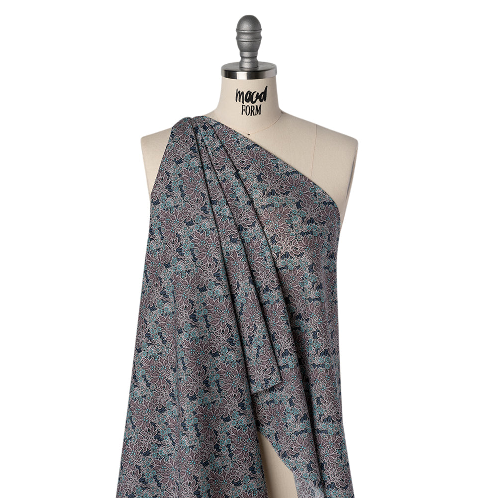 Liberty Fabrics Tana Lawn® - Aubrey Forest Blue - Blue and Orchid Purple Leafy Floral Chevrons - Folded