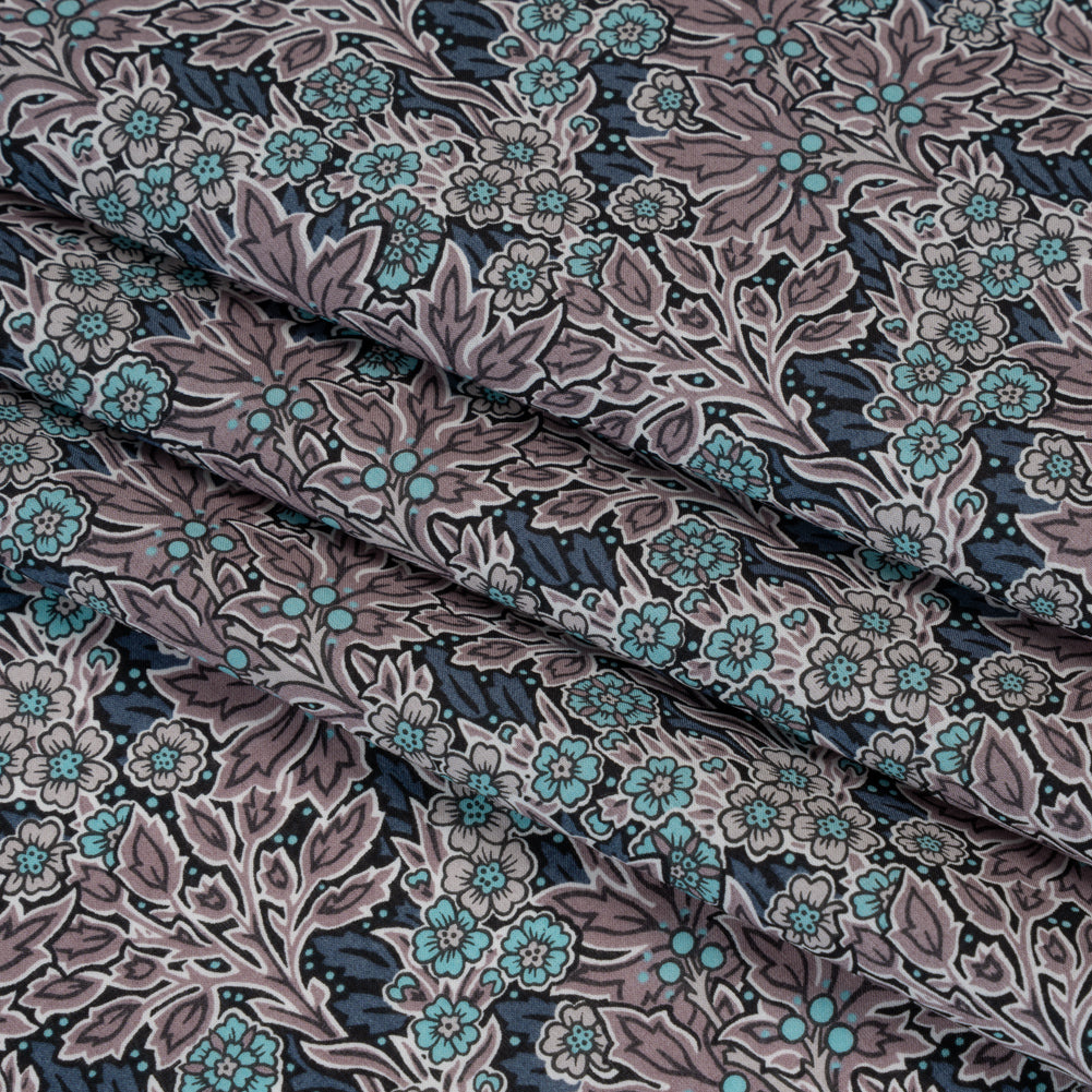 Liberty Fabrics Tana Lawn® - Aubrey Forest Blue - Blue and Orchid Purple Leafy Floral Chevrons - Detail