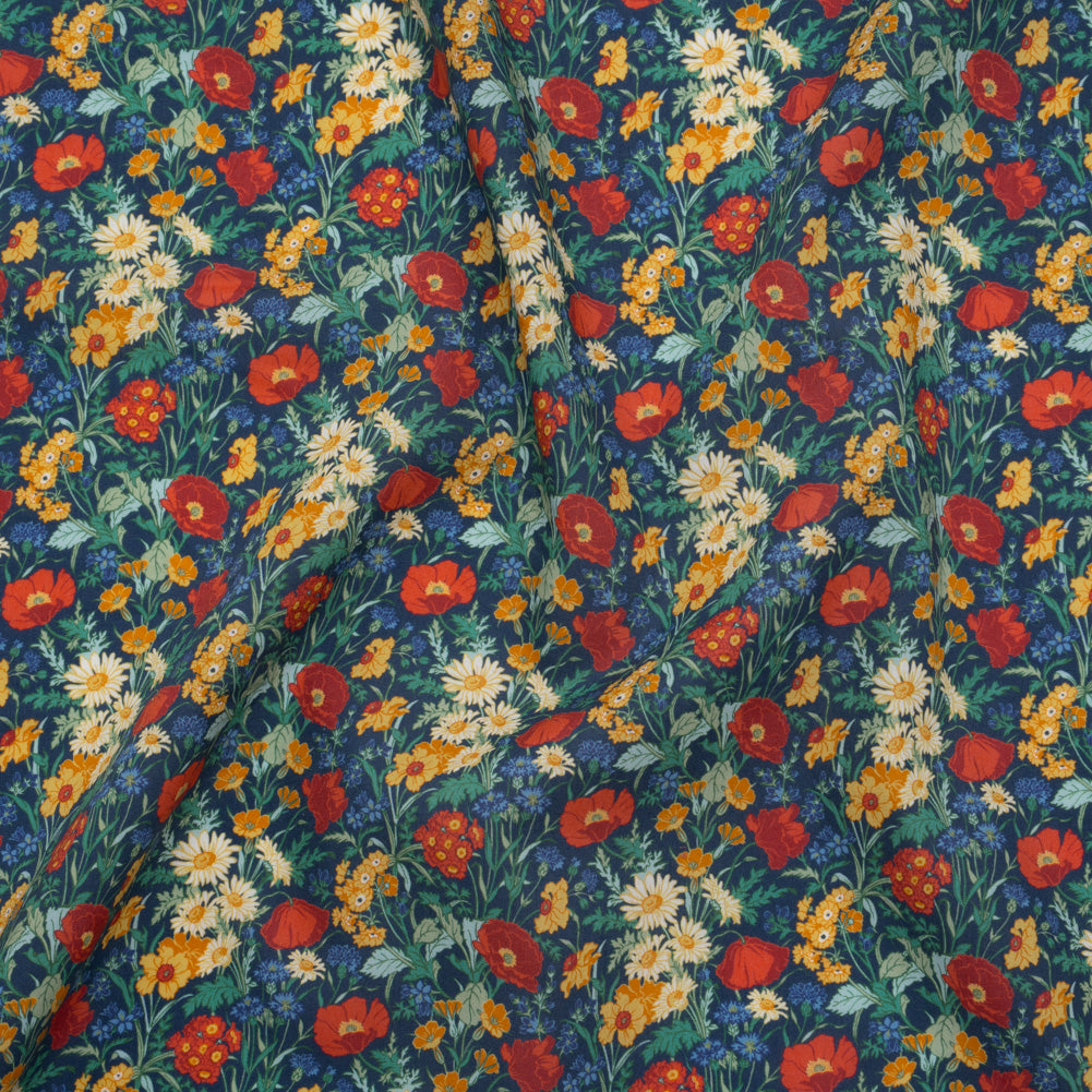 Liberty Fabrics Tana Lawn® - Florence May Dark Blue - Blue, Red and Yellow Wildflower Field - Drape