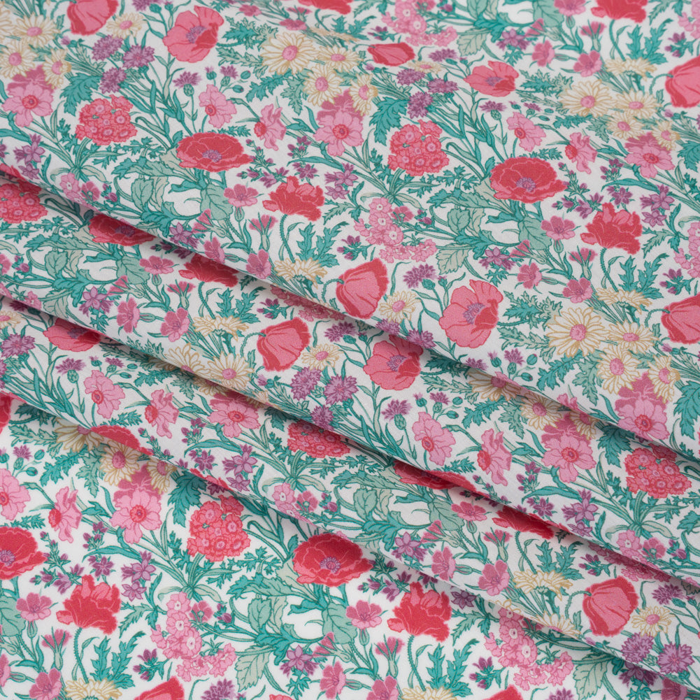 Liberty Fabrics Tana Lawn® - Florence May Pink - Green, Pink and Yellow Wildflower Field Detail