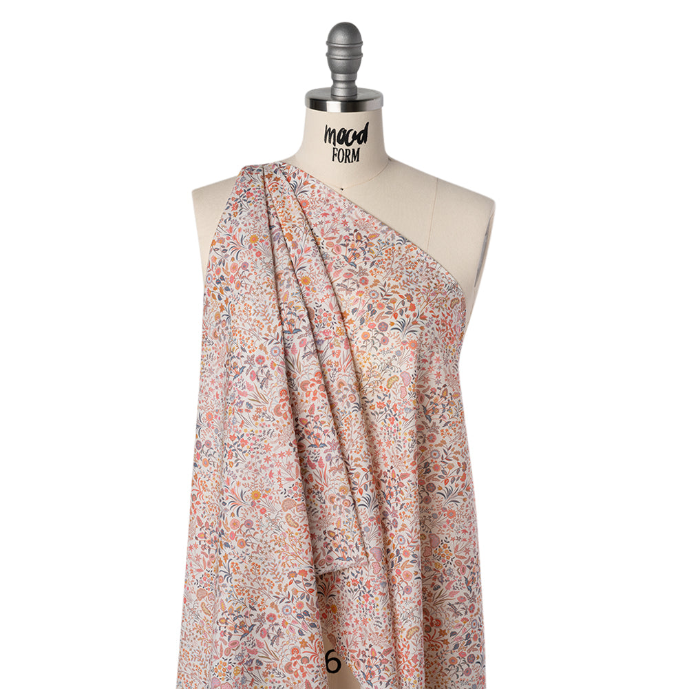 Liberty Fabrics Tana Lawn® - Shepherdly Song Pink - Pink, Peachy Orange and Blue-Gray Wildflowers - Folded