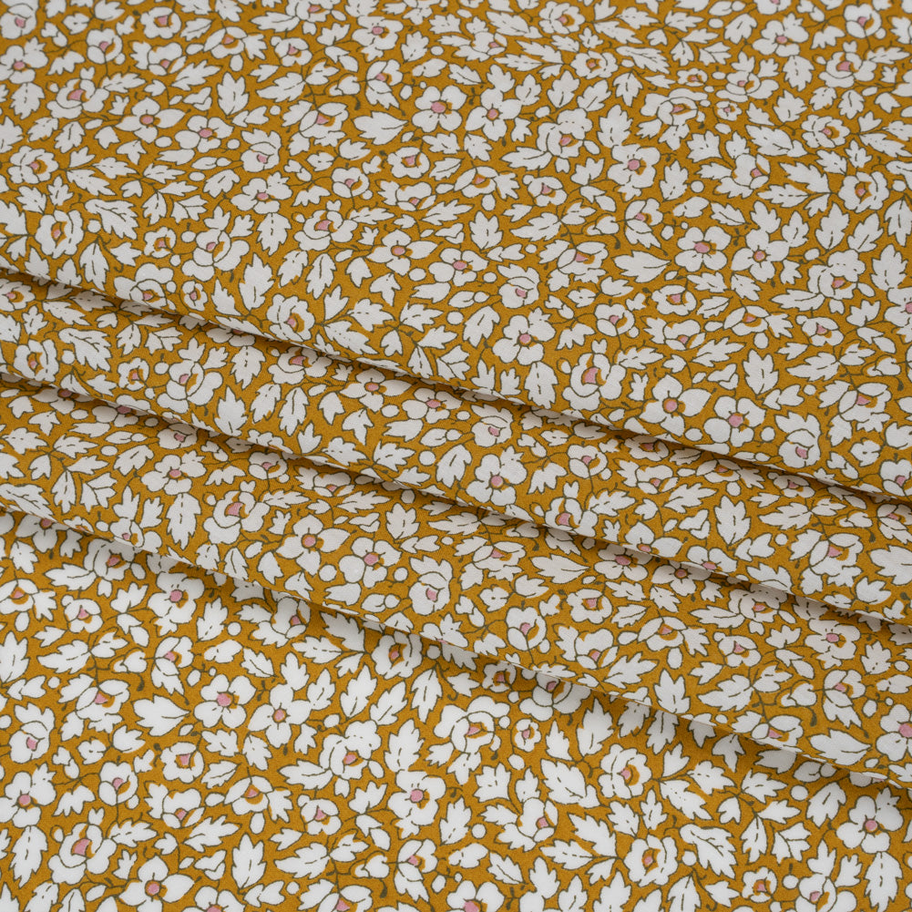 Liberty Fabrics Tana Lawn® - Feather Meadow Yellow - Yellow Ochre and White Flowers and Leaves - Detail