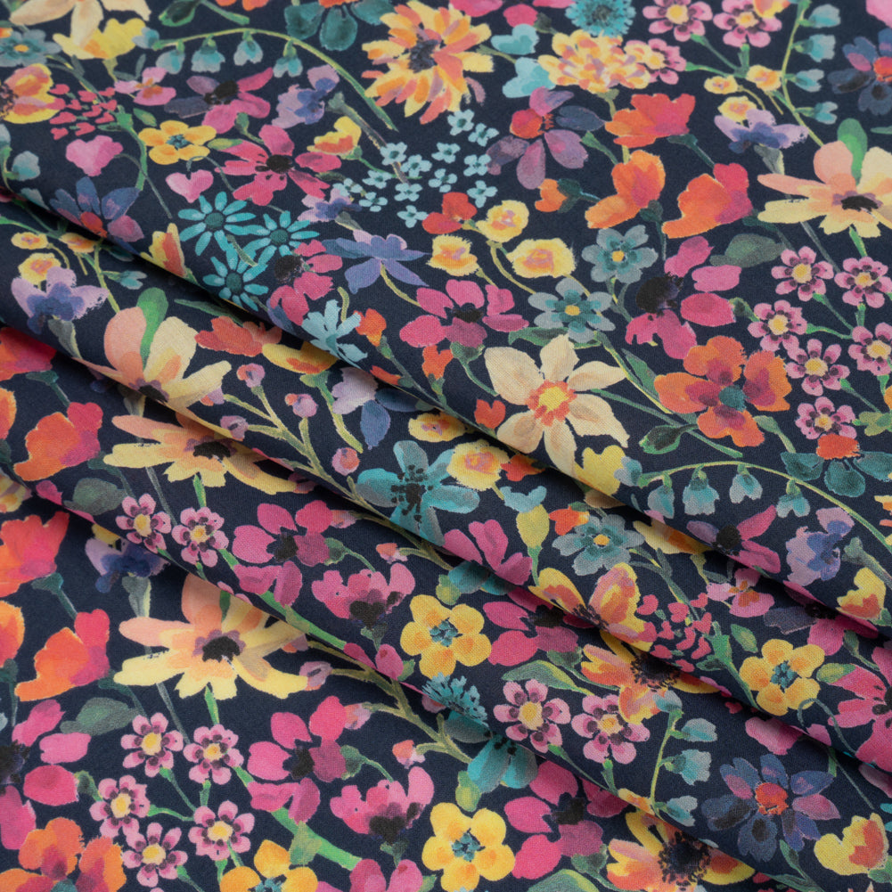 Liberty Fabrics Tana Lawn® - Dreams of Summer Dark Blue - Navy, Pink and Yellow Watercolor Floral - Detail