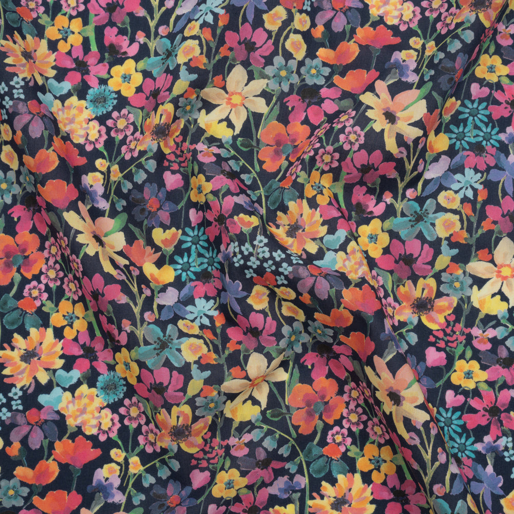 Liberty Fabrics Tana Lawn® - Dreams of Summer Dark Blue - Navy, Pink and Yellow Watercolor Floral - Drape