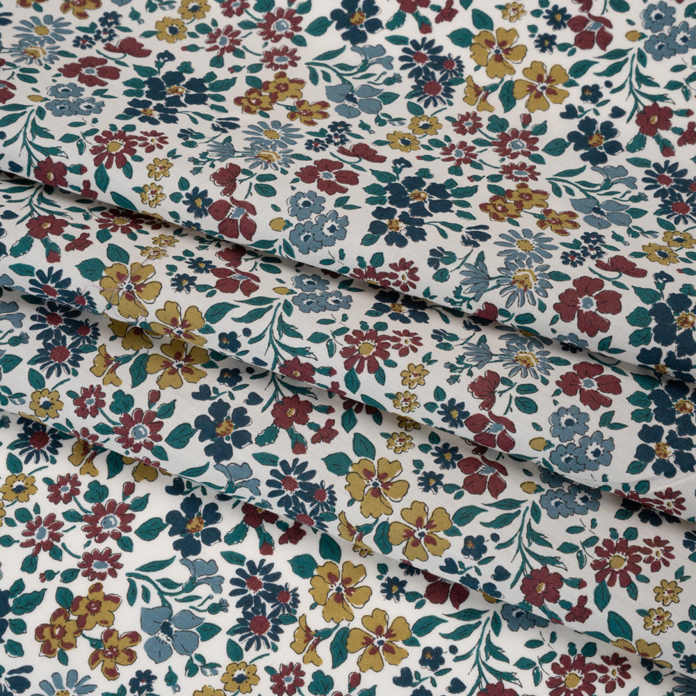 Liberty Fabrics Tana Lawn® - Annabella Multi Neutral - Yellow Ochre, Dark Red and Teal Floral Folded