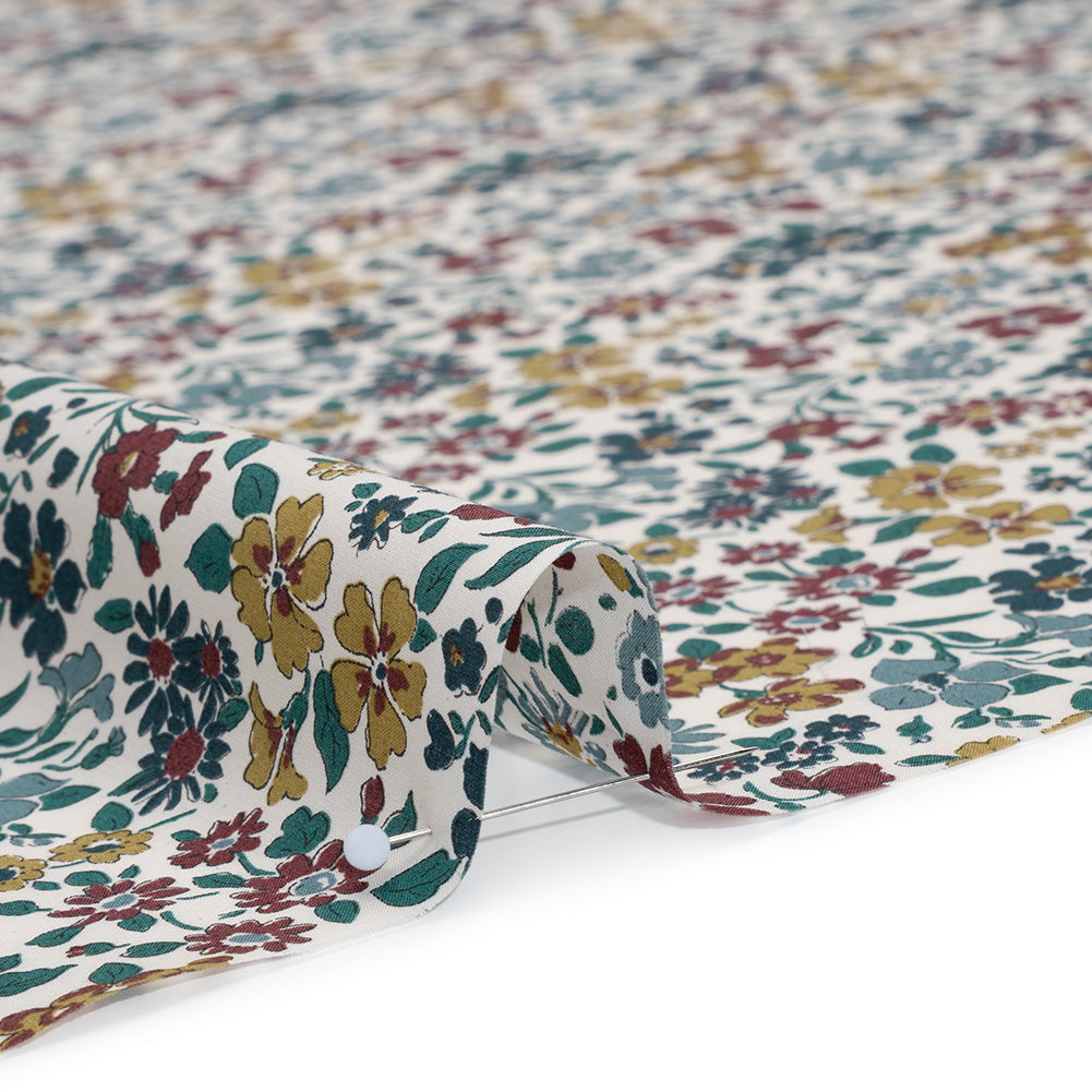 Liberty Fabrics Tana Lawn® - Annabella Multi Neutral - Yellow Ochre, Dark Red and Teal Floral Detail
