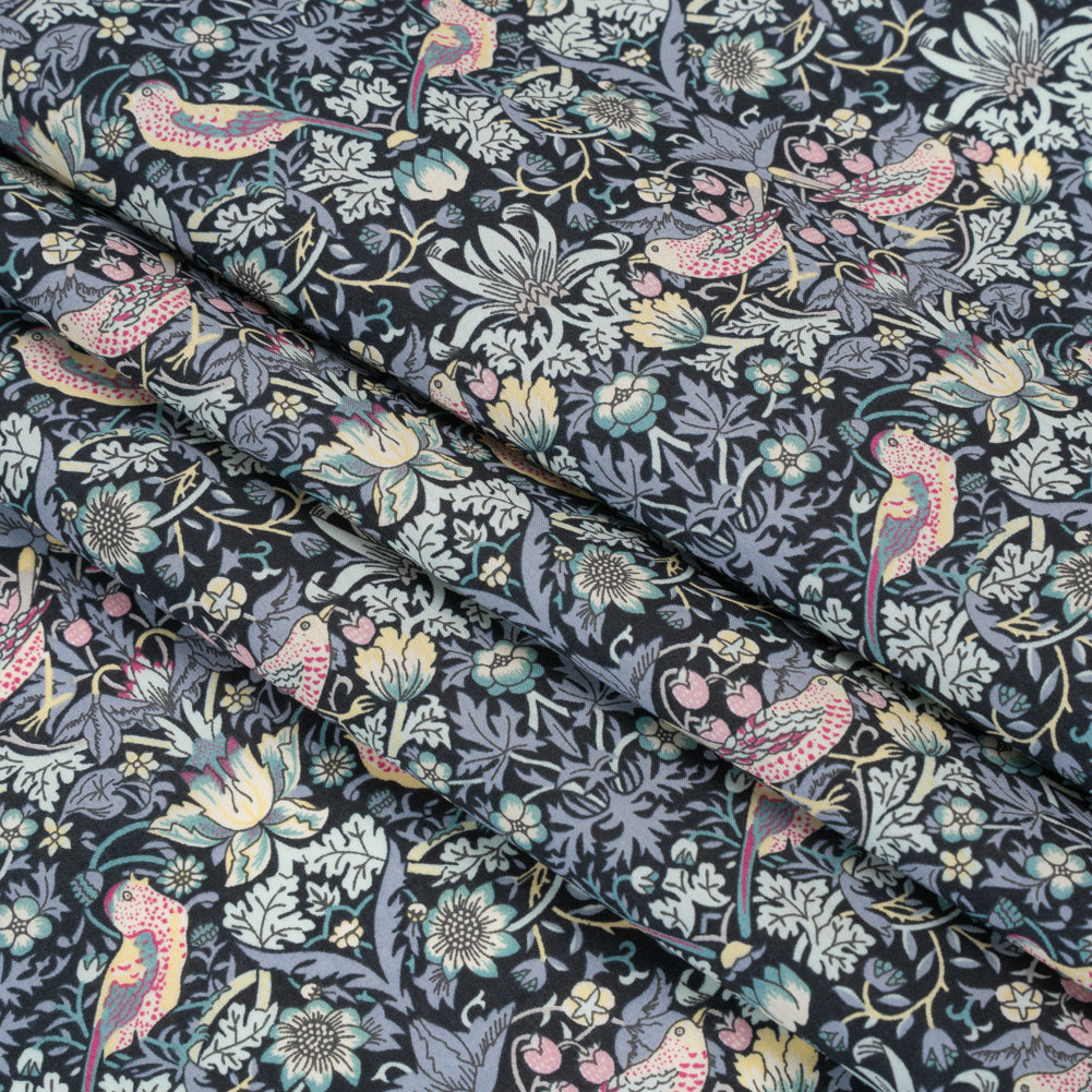 Liberty Fabrics Tana Lawn® - Strawberry Thief Gray - Charcoal, Blue and Pink Birds, Berries and Flowers Folded