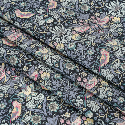 Liberty Fabrics Tana Lawn® - Strawberry Thief Gray - Charcoal, Blue and Pink Birds, Berries and Flowers Folded