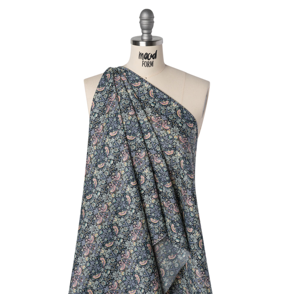 Liberty Fabrics Tana Lawn® - Strawberry Thief Gray - Charcoal, Blue and Pink Birds, Berries and Flowers Drape