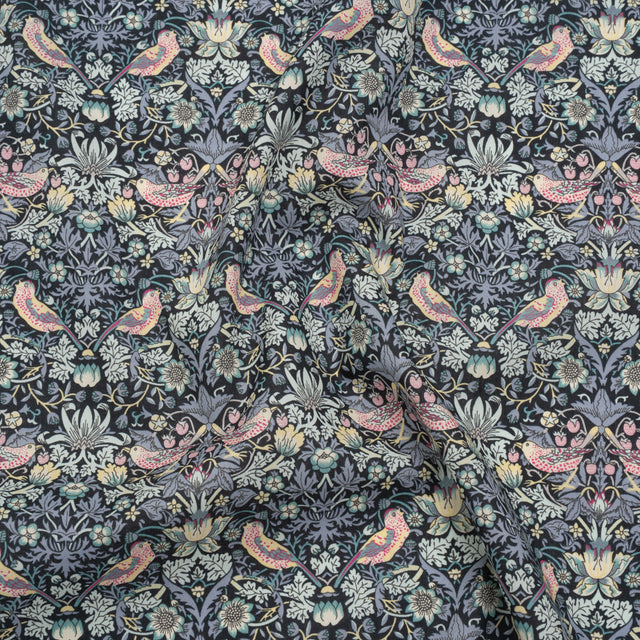 Liberty Fabrics Tana Lawn® - Strawberry Thief Gray - Charcoal, Blue and Pink Birds, Berries and Flowers