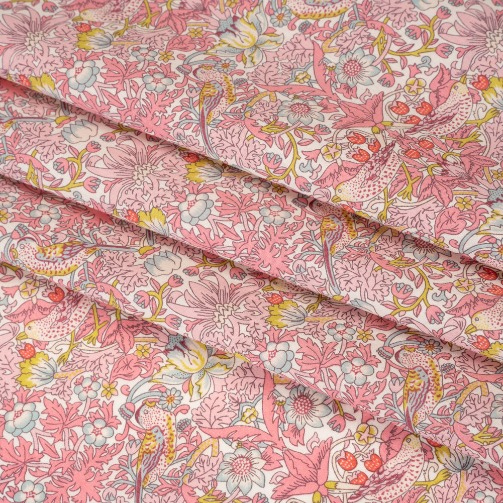 Liberty Fabrics Tana Lawn® - Strawberry Thief Spring Light Pink - Baby Pink, Golden Yellow and Pale Blue Birds, Berries and Flowers Folded