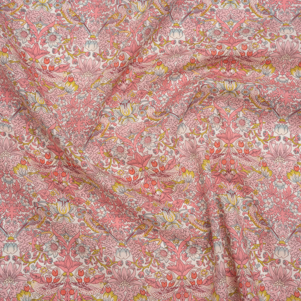 Liberty Fabrics Tana Lawn® - Strawberry Thief Spring Light Pink - Baby Pink, Golden Yellow and Pale Blue Birds, Berries and Flowers