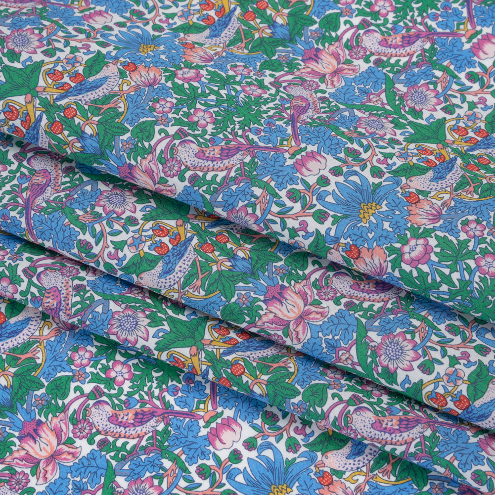 Liberty Fabrics Tana Lawn® - Strawberry Thief Spring Multi Bright - Blue, Green and Pink Birds, Berries and Flowers - Folded
