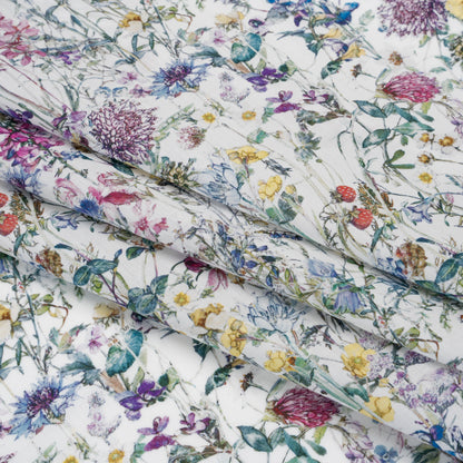 Liberty Fabrics Tana Lawn® - Wild Flowers Multi Pastel - Green, Bright Pink and Yellow Botanical Illustrations
