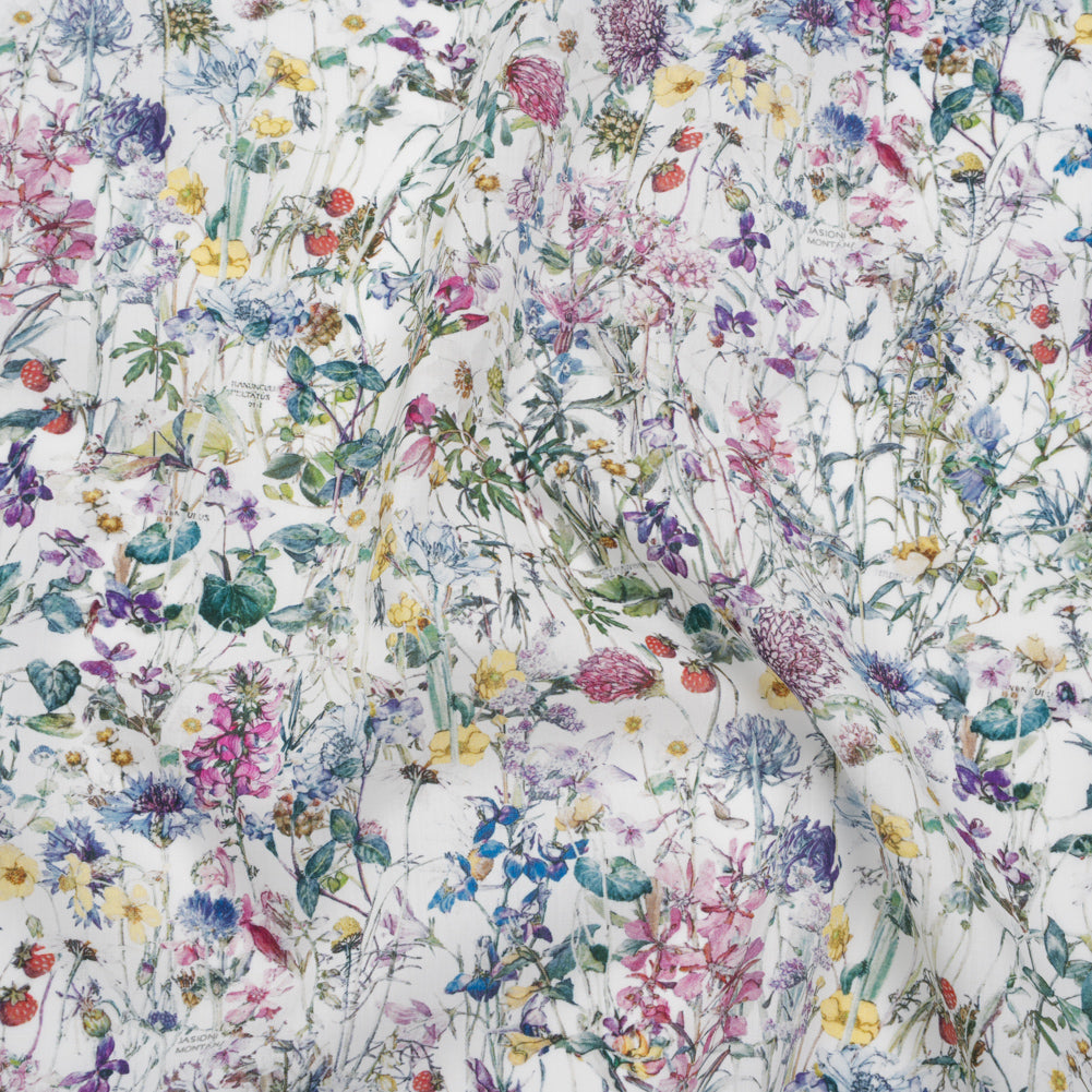 Liberty Fabrics Tana Lawn® - Wild Flowers Multi Pastel - Green, Bright Pink and Yellow Botanical Illustrations