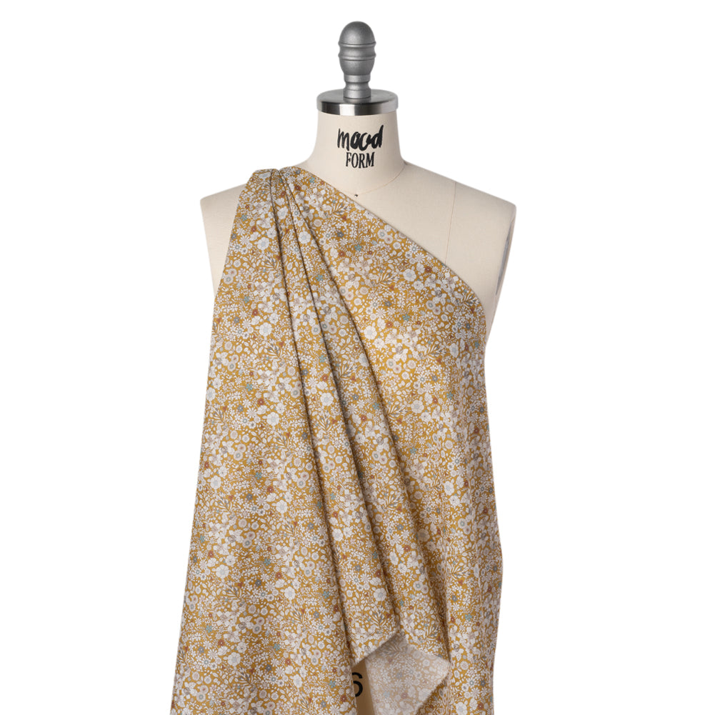 Liberty Fabrics Tana Lawn® - June's Meadow Yellow - Ochre, White and Light Blue Illustrated Flowers - Drape