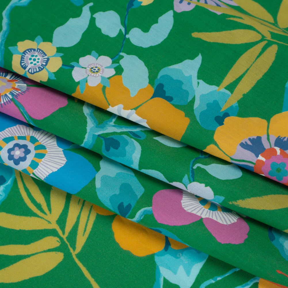 Liberty Fabrics Tana Lawn® - Pavilion Green - Kelly Green, Blue and Red Bold Florals - Folded