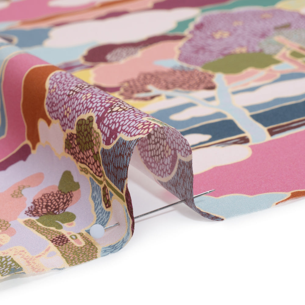 Liberty Fabrics Tana Lawn® - Prospect Road Multi Pastel - Pink, Blue and Green Tree Filled Landscape - Detail