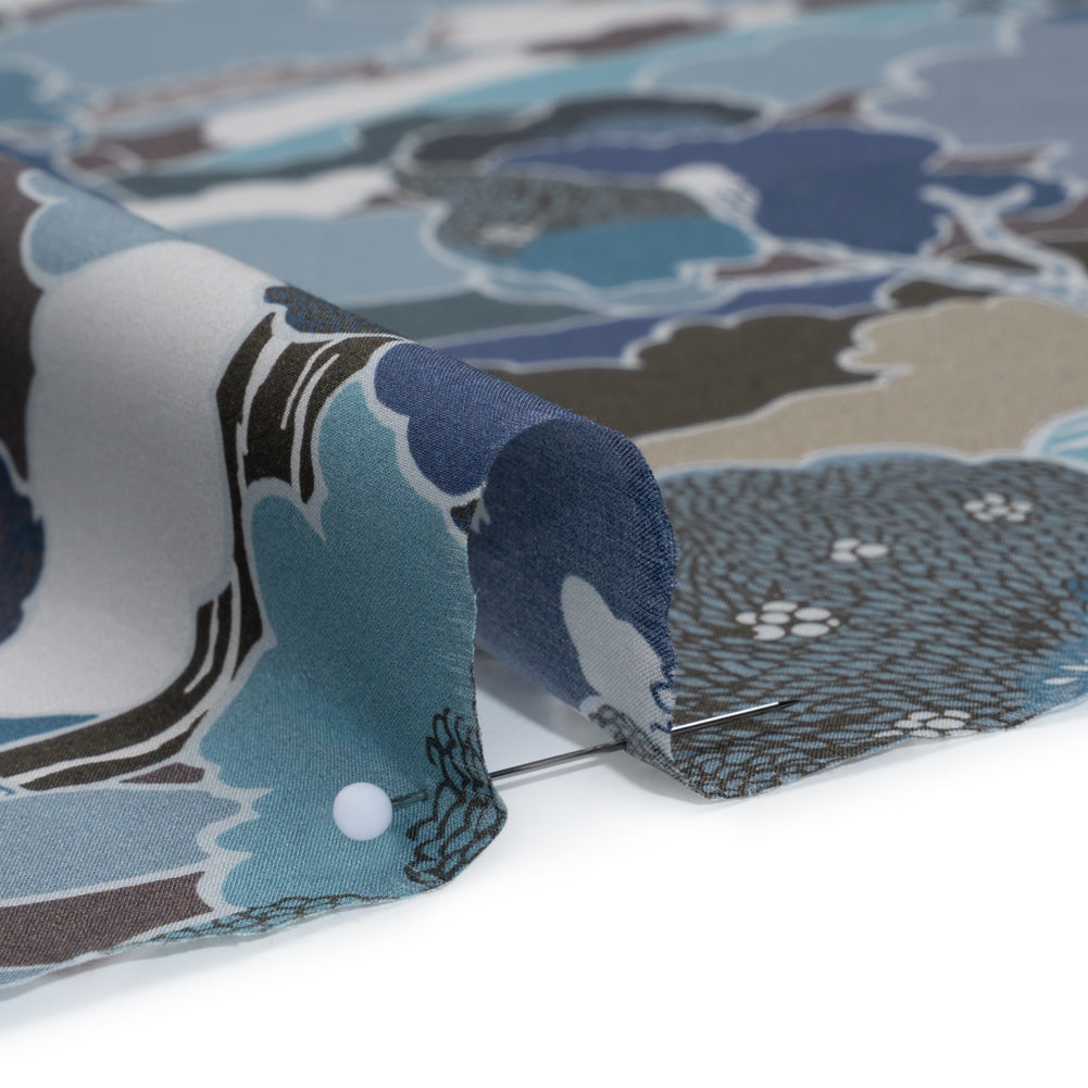 Liberty Fabrics Tana Lawn® - Prospect Road Dark Blue - Navy, Storm Blue and Brown Tree Filled Landscape - Detail