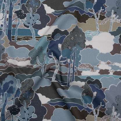 Liberty Fabrics Tana Lawn® - Prospect Road Dark Blue - Navy, Storm Blue and Brown Tree Filled Landscape