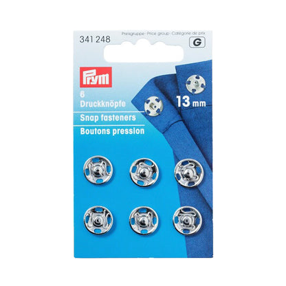 Prym Sew-On Snap Fasteners - Silver Brass 13mm - 6 ct