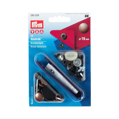 Prym Anorak Press Fasteners with Tools - Antique Copper 15mm - 10pc