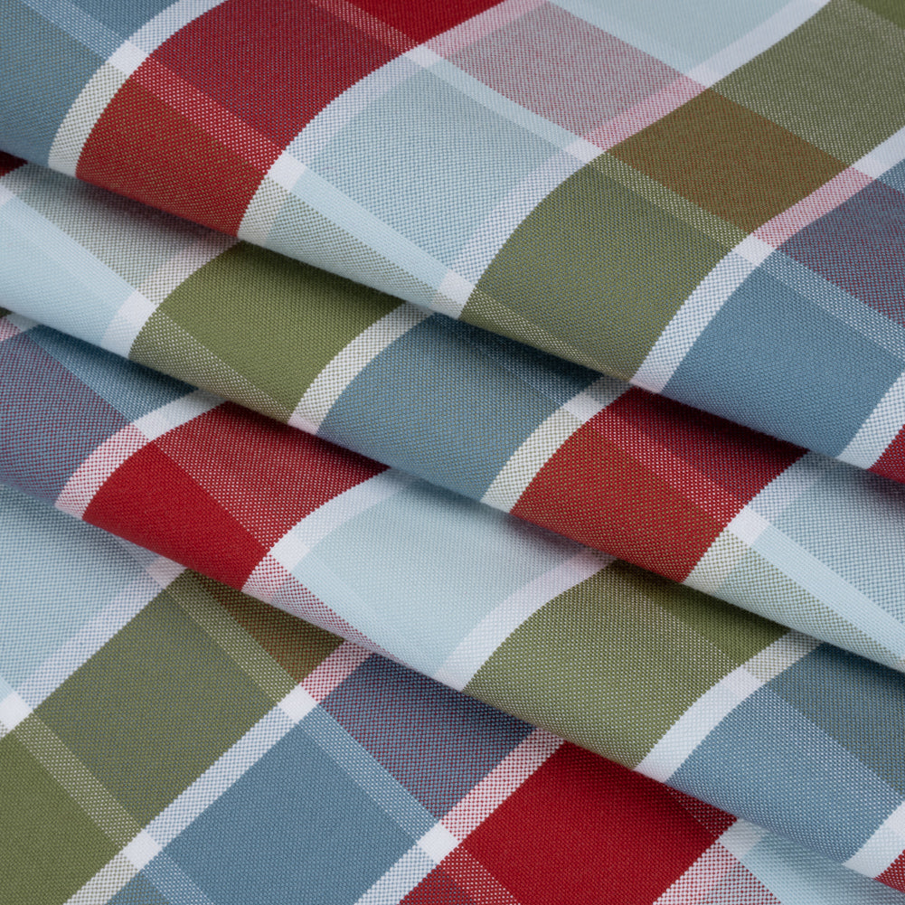 Cotton Oxford Shirting - Country Blue, Red, and Olive Green Plaid - Deadstock - Folded