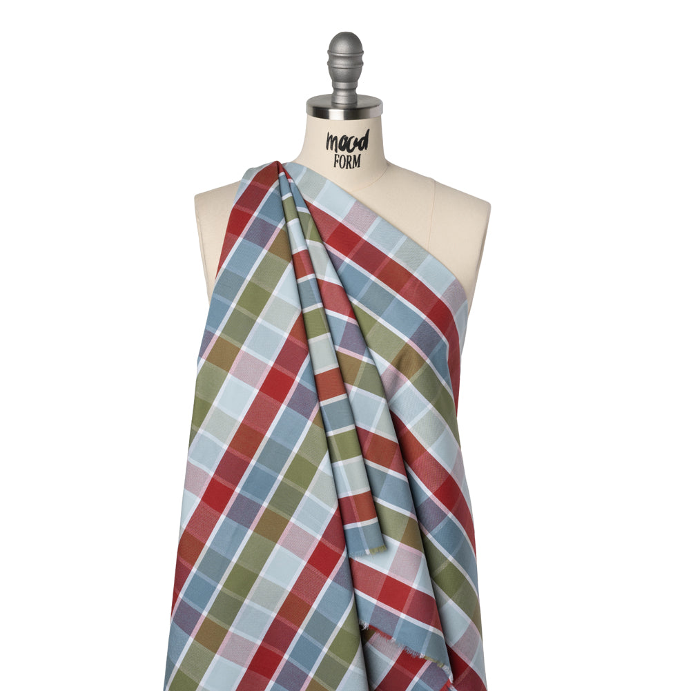 Cotton Oxford Shirting - Country Blue, Red, and Olive Green Plaid - Deadstock - Drape