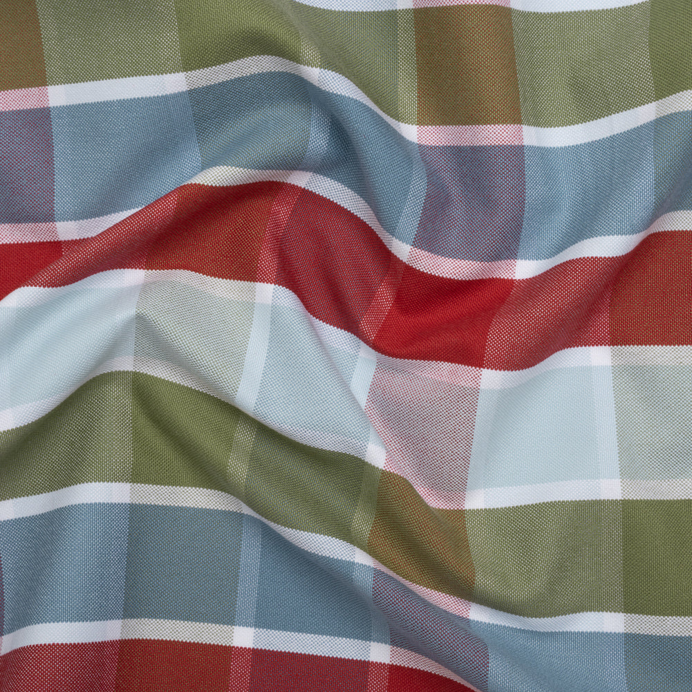 Cotton Oxford Shirting - Country Blue, Red, and Olive Green Plaid - Deadstock