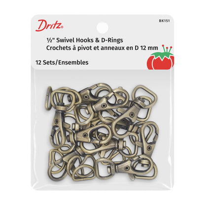 Dritz Swivel Hooks & D-Rings - 0.5" Antique Brass - 12 Sets