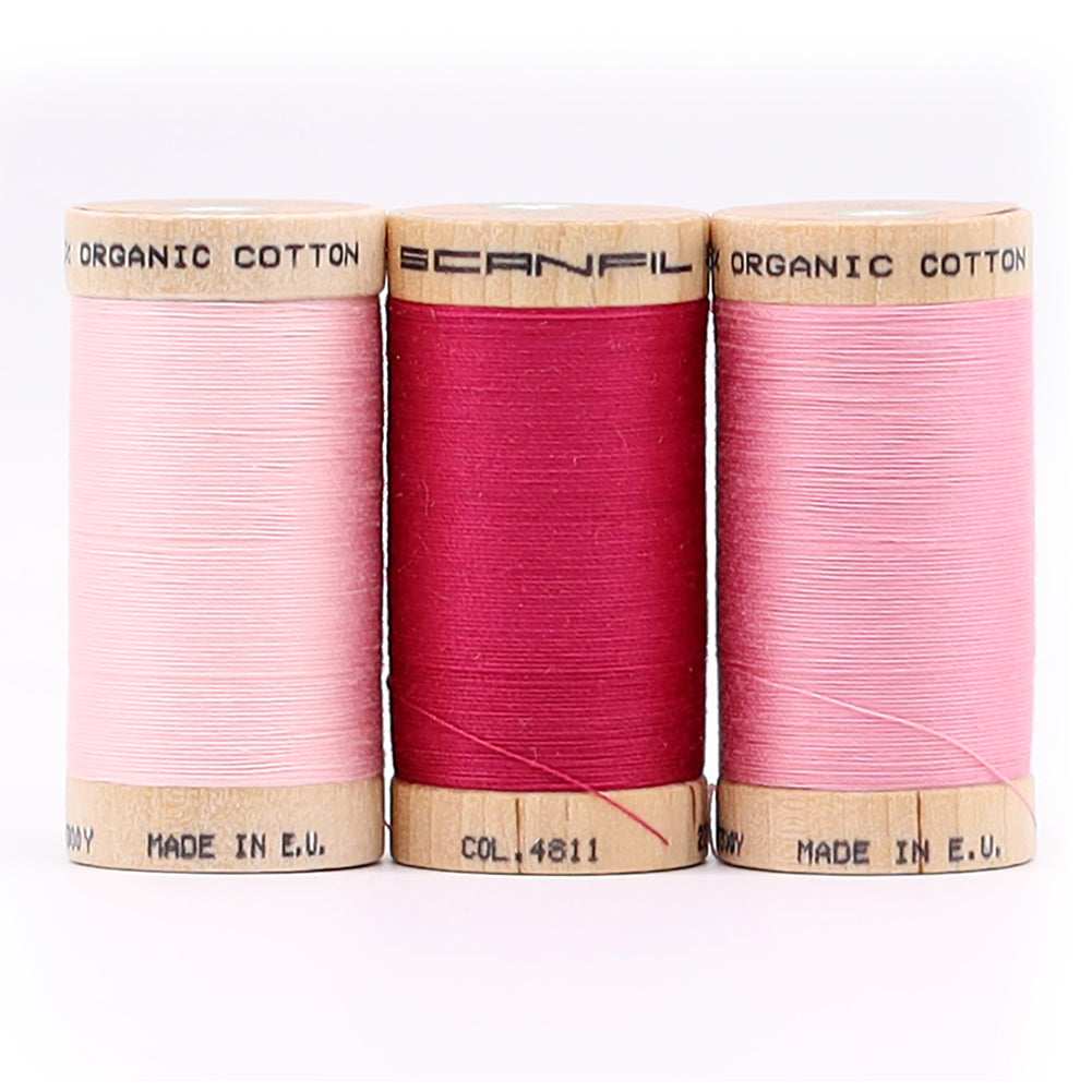 SCANFIL® 30wt Organic Pima Cotton Thread Trio Set - 3ct 300yd Spools - Pretty Pinks Folded