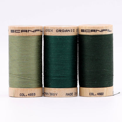 SCANFIL® 30wt Organic Pima Cotton Thread Trio Set - 3ct 300yd Spools - Foresty Greens Folded