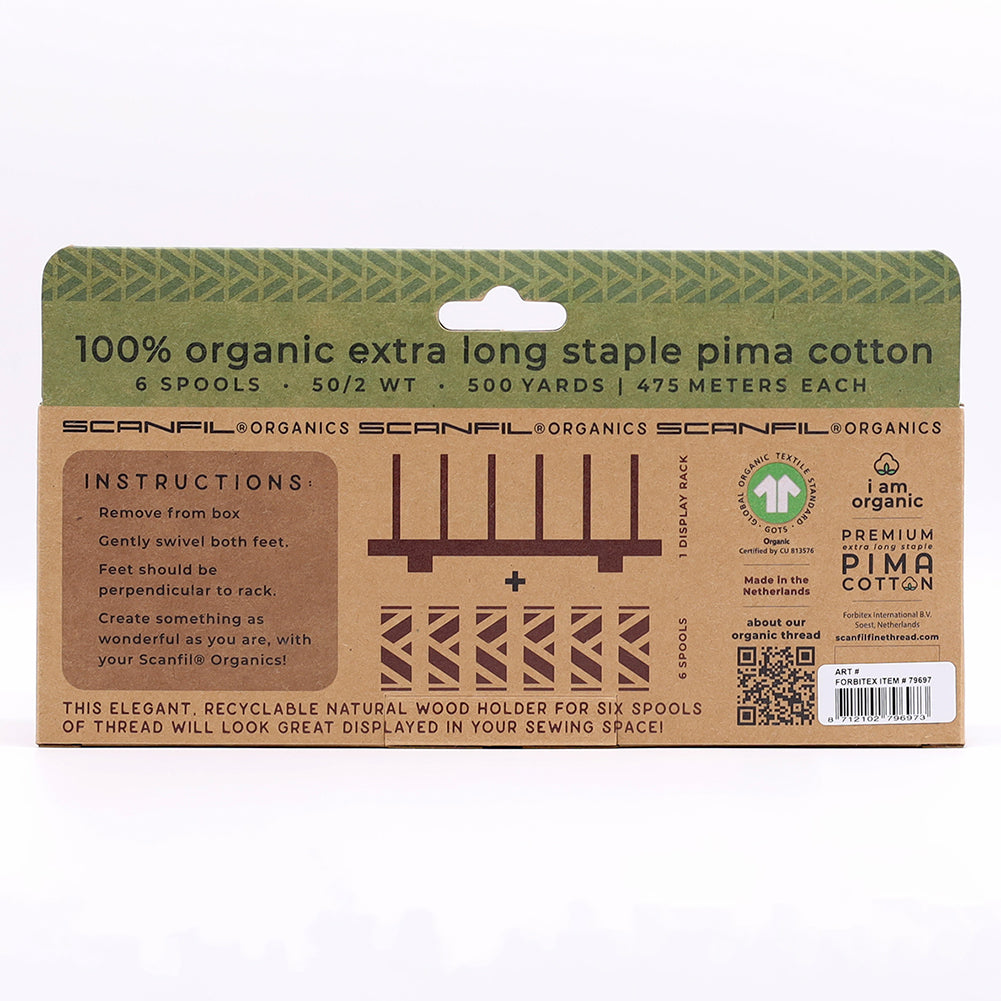 SCANFIL® 50wt Organic Pima Cotton Thread Set - 6ct 500yd Spools & Wood Rack - Harvest Time - Folded