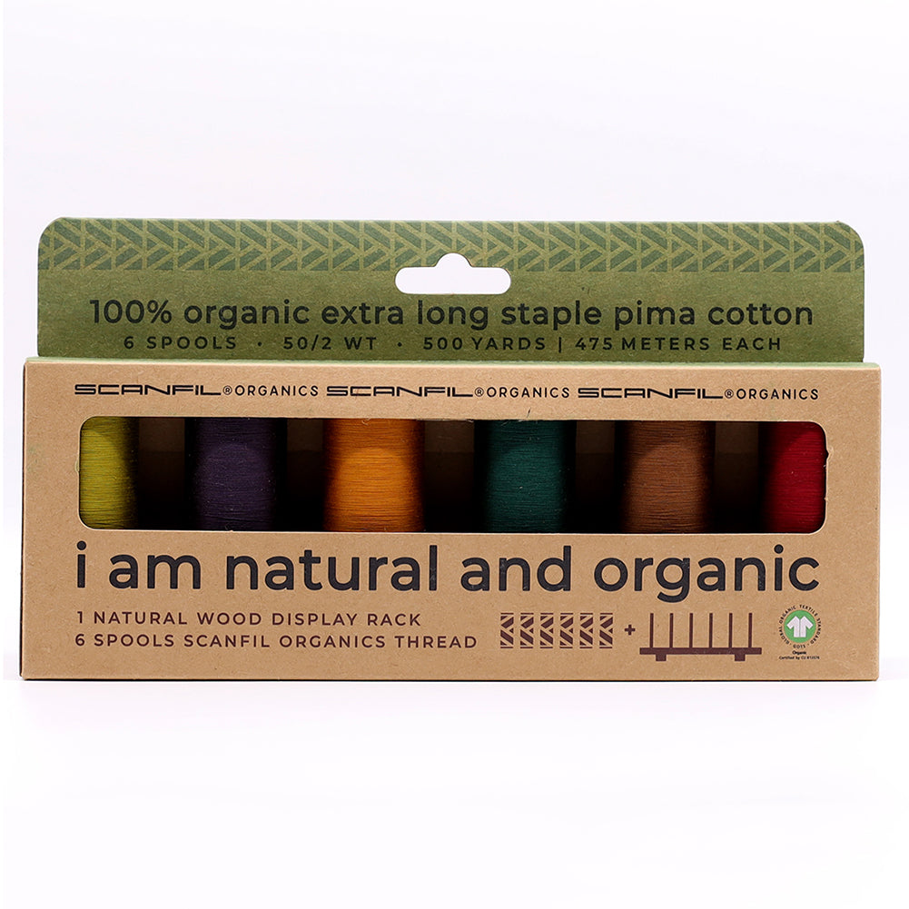 SCANFIL® 50wt Organic Pima Cotton Thread Set - 6ct 500yd Spools & Wood Rack - Harvest Time - Drape