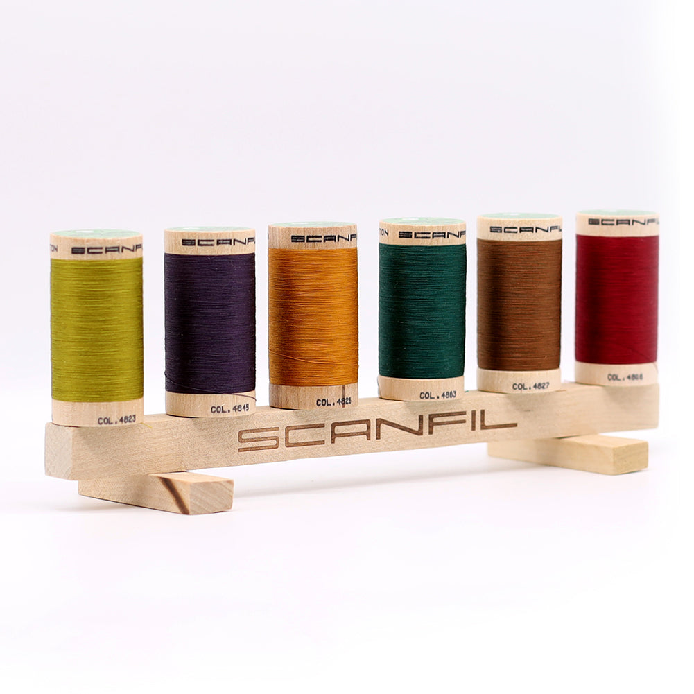 SCANFIL® 50wt Organic Pima Cotton Thread Set - 6ct 500yd Spools & Wood Rack - Harvest Time - Packaged