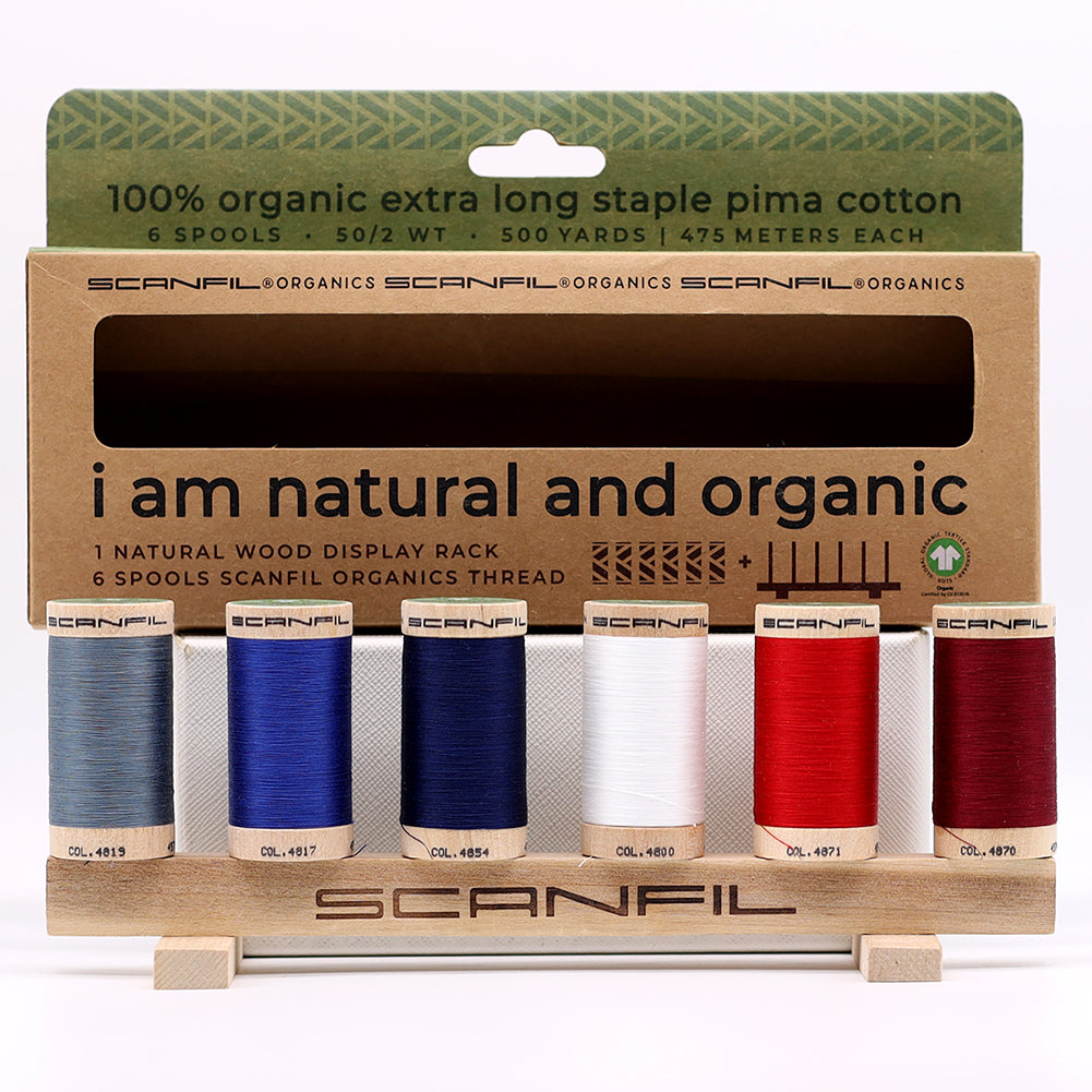 SCANFIL® 50wt Organic Pima Cotton Thread Set - 6ct 500yd Spools & Wood Rack - Patriotic Folded