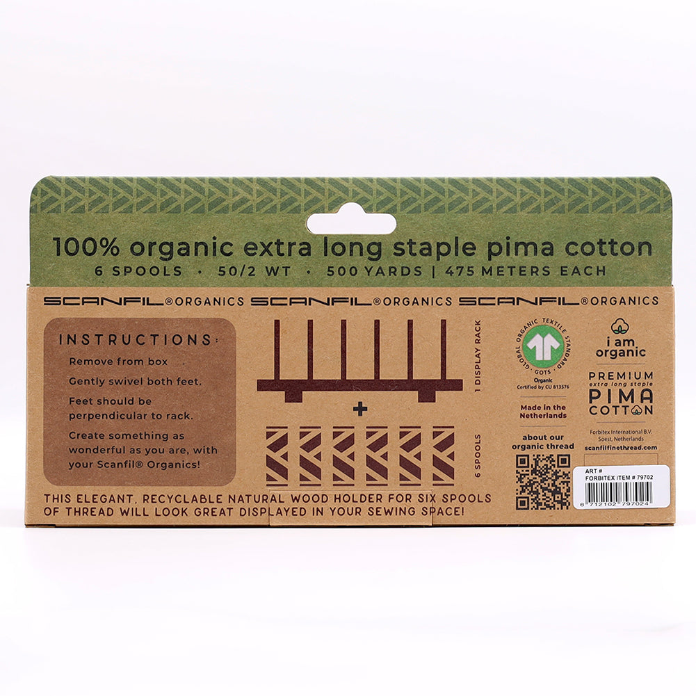 SCANFIL® 50wt Organic Pima Cotton Thread Set - 6ct 500yd Spools & Wood Rack - Trendy Holiday - Folded